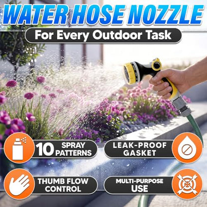 Garden Hose Nozzle, 10 Spray Patterns, Thumb Flow Control, Yellow - color: Yellow