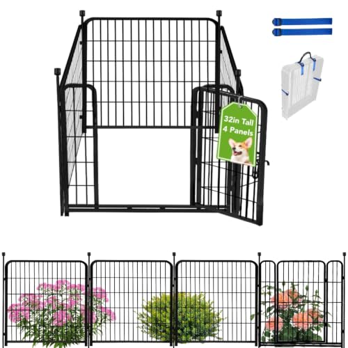 ADAVIN 32 in(H) Garden Fences and Borders,1 Gate+3 Panels Dog Fence Outdoor for Yard, Heavy Duty Iron Metal Animal Barrier Fence, Camping Fence, Flower Garden Fencing,Total 8.9 Ft(L), Black - size: 4panels-32in(H)×8.9ft(L)