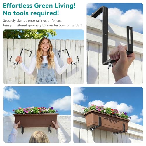 Adjustable Planter Box Brackets,Enhanced Bottom Support,Universal Outdoor Hanging Brackets,Flower Box Brackets for Fence Railings, Windowsill, Patio, Garden,Balcony. (6, Black) - color: Black