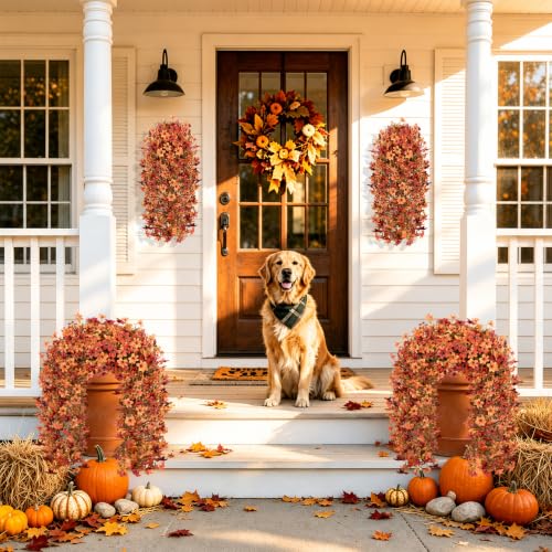 6 Pcs Artificial Hanging Mums for Outdoors, UV Resistant Fake Fall Flowers - color: Red Orange With Fall Leaves