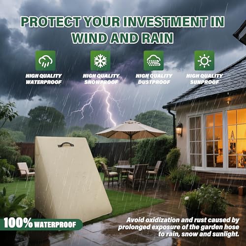 Veranda Patio Free Standing Portable Garden Hose Reel Cover,Waterproof, Dustproof and Sun-Proof Protect Your Hose Reel and prolong its Life(26"W x25"D x 35"H) - color: Khaki - Two Wheels Hose Reel Cart Cover, size: 0-200FT