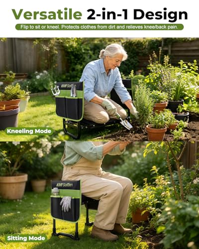 Garden Stool & Kneeler 7-Piece Set with 3 Aluminum Tools, Double-Layer Tote Bag & 2 Side Pouches - Foldable Gardening Bench Kit - Ideal Gifts for Women Mom Seniors (Light Green) - color: Light Green