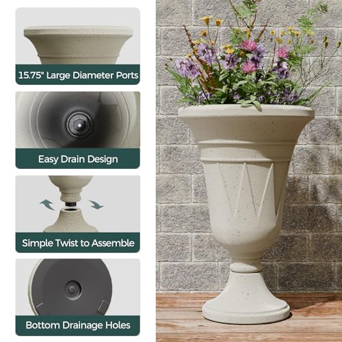 Tall Plastic Urn Planters and Pedestal - 24" Outdoor Planter Beige - color: White-trophy