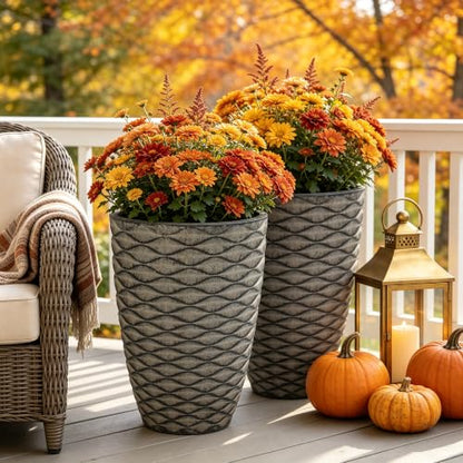 2-Pack 19" Rustic Black Resin Tall Planters with Wave Texture - color: 19"h-rustic Black Wavy
