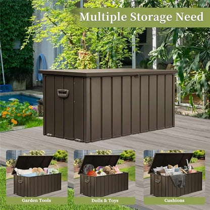160 Gallon Outdoor Storage Shed Deck Box, Lockable Galvanized Steel, Brown - color: Dark Brown-C