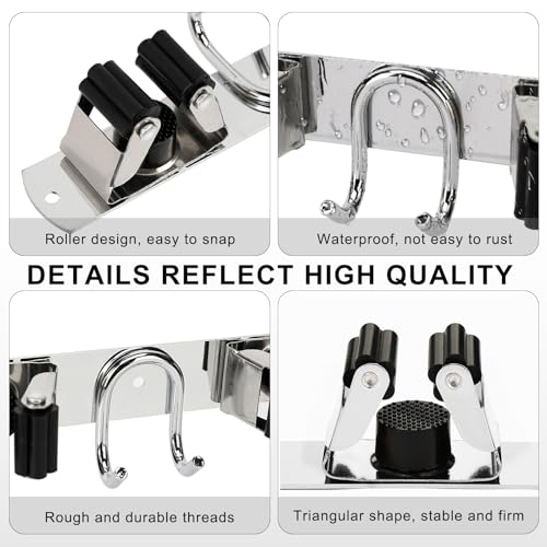 Mop Broom Holder Wall Mount, Silver Stainless Steel Tool Storage Organizer for Kitchen Garden Garage Laundry Room Bathroom and RV with 4 Slots 6 Hooks - color: Silver-1 Pack