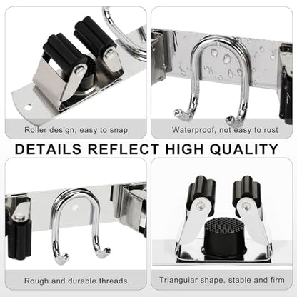 Mop Broom Holder Wall Mount, Silver Stainless Steel Tool Storage Organizer for Kitchen Garden Garage Laundry Room Bathroom and RV with 4 Slots 6 Hooks - color: Silver-1 Pack