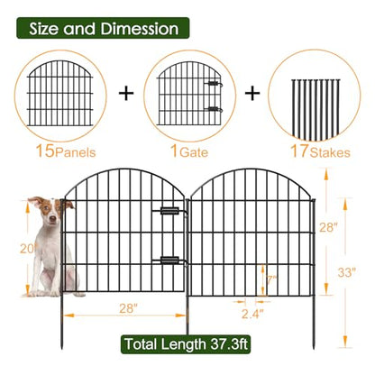 Metal Garden Fence with Gate 28 in x 37.3 ft, Dog Fence Outdoor for Yard - size: 28"Hx37.3ft (Gate+15Panels)