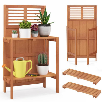 25x13.5x44in Foldable Potting Bench 2-Tier Shelves Teak Oil Wood for Garden Balcony Yard
