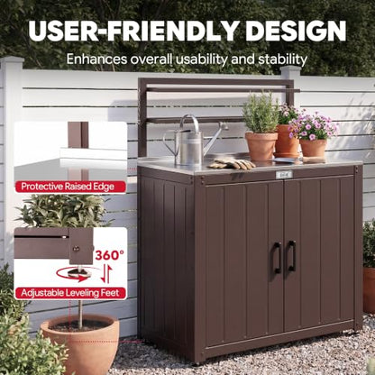 Feasto Outdoor Potting Bench Table with Storage Cabinet, Brown - color: Brown