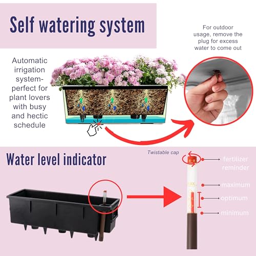 LaLaGreen Deck Railing Planter Boxes (14 Inch, 4 Pack) Self-Watering Window Box Planters with Brackets, Rectangular Hanging Flower Pots for Balcony Fence, Herb Garden Outdoor Black Plastic Planters - size: 14" x 4 Pack (with Bracket)
