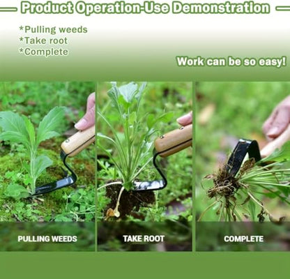 Garden Hand Weeder Tool with Wooden Handle, Manual Weed Puller with Leverage Base for Labor-Saving Removal, Stainless Steel Deep Root Lifter for Dandelions & Thistles