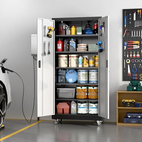 Aobabo Upgrade 71H''*32''W*16''D Metal Garage Storage Cabinet with Wheels and Pegboards, 5 Adjustable Shelves Steel Storage Cabinets for Home,Warehouse,Garage,Assembly Required,Black and Sliver - color: Black Silver, size: 16"D x 32"W x 71"H-0 Drawers