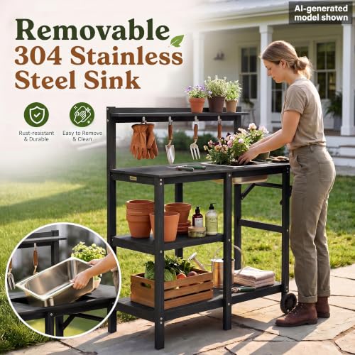 YEFU Potting Bench with Sink, All-Weather Resistant,Black - color: Black, size: Premium