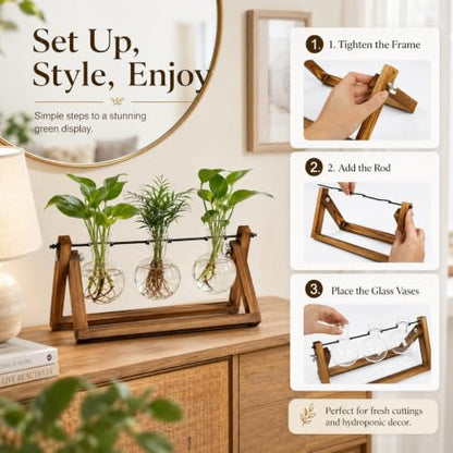 Renmxj Plant Propagation Station, Plant Terrarium with Wooden Stand - size: 3 Bulb Vase