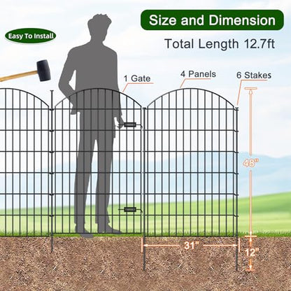 Metal Garden Fence with Gate 48 in x 12.7 ft, No-Dig Outdoor Dog Fence - size: 48"Hx12.7ft (Gate+4Panels)