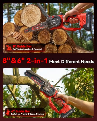 Mini Chainsaw Cordless, 8 Inch & 6 Inch Electric Chainsaw Battery Powered, 1000W Brushless Handheld Power Chain Saw with 2 Batteries, Small Tree Saw for Branch Trimming Wood Cutting - color: Red