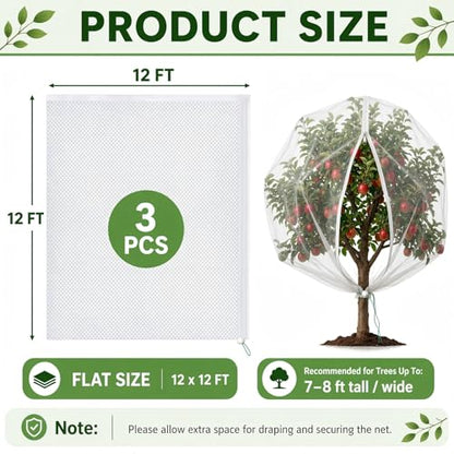 3 Pack 12x12 ft Large Fruit Tree Netting Covers with Zipper & Drawstring - size: 12x12 ft