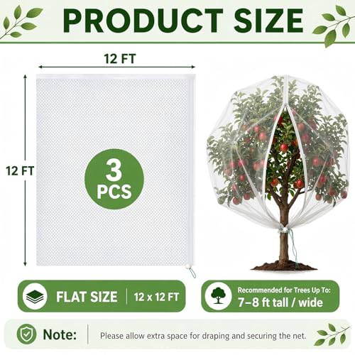3 Pack 12x12 ft Large Fruit Tree Netting Covers with Zipper & Drawstring - size: 12x12 ft