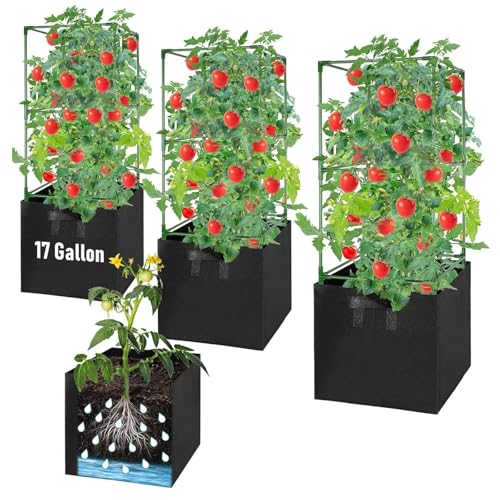 3 Pack Tomato Cages with 17 Gallon Grow Bags, 47” Heavy Duty Square Tomato Plant Stakes Support Cages Trellis for Garden Climbing Vegetables Flowers Fruits (47IN Tall, Extra-Bold)