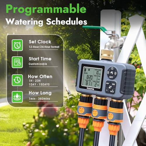 Insoma Water Timer with Brass Inlet, 3 Independent Zones Outdoor Hose Timer for Garden Faucet with Auto/Manual/Rain Delay Mode, IPX5 Waterproof, Sprinkler Irrigation Controller for Yard Lawn - size: 3-Zones-TT