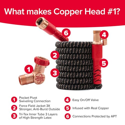 Pocket Hose 25 FT Copper Head Hose, Pocket Pivot, No Tangles, Anti-Burst