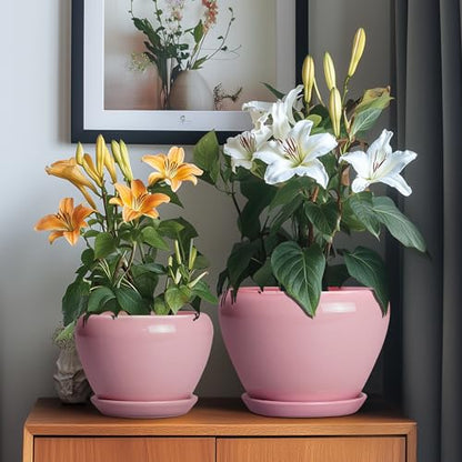 Ceramic Planters, 10+8+6 Inch Ceramic Plant Pots Indoor, Pink - color: Pink