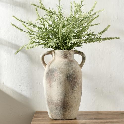 PORCER 9.84 Inch Ceramic Vase with Handles, Tuscan Decor Antique Terracotta Vase, Rustic Decorative Flower Vase for Home Decor, Farmhouse, Living Room, Table, Bedroom, Office, Entrance- Gray - color: Gray
