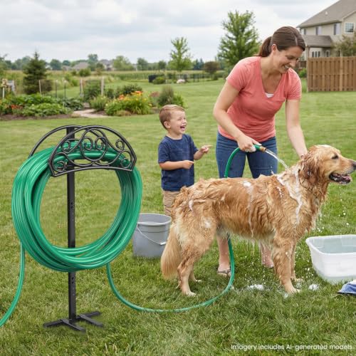 Sunvigor Garden Hose Holder, Heavy Duty Metal Hose Stand with 4 Spikes, Holds Up to 150FT Hose, No Drill Freestanding Hose Reel Alternative for Yard Lawn Outdoor