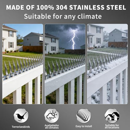 Bird Spikes, 3M Stainless Steel Bird Deterrent Spikes for Outside, Pigeon and Small Bird Control, Easy to Install Fence Roof Window Spikes, 10 Strips 10 Feet Coverage - size: 10 Feet