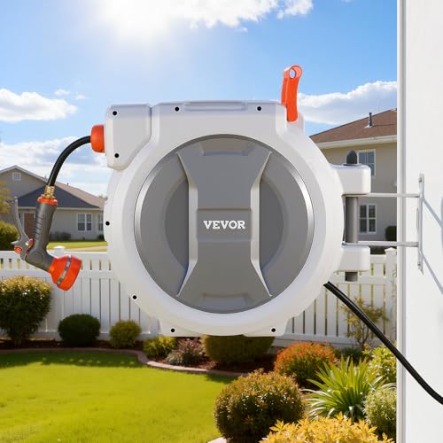 VEVOR Retractable Garden Hose Reel, 1/2 in x 130 ft, Wall Mounted Hose Reel with 9-Function Sprayer Nozzle and 180° Swivel Bracket, Any Length Lock, Automatic Slow Rewind System, for Garden Watering - size: 1/2 in x 130 ft