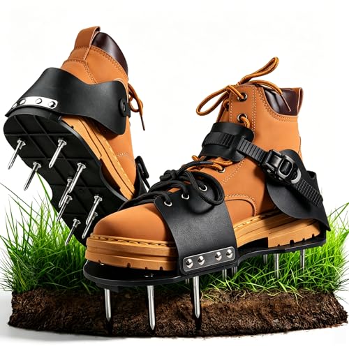 Lawn Aerator Shoes for Grass, Stainless Steel Spikes Grass Aerator Shoes with Adjustable Strap Soil Lawn Aerator Garden Spike Shoes for Yard Patio Lawn Garden, Universal Size