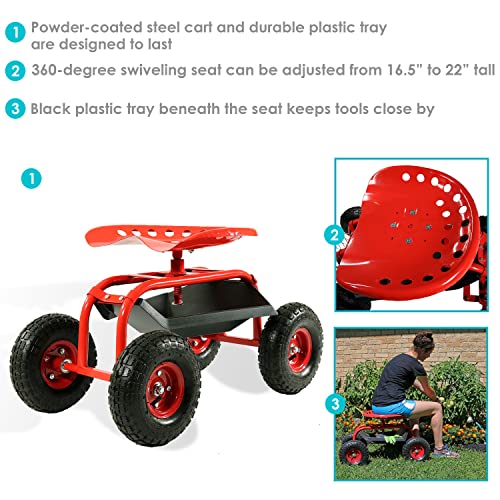 Sunnydaze Rolling Garden Cart with Swivel Seat and Storage, Red - color: Red
