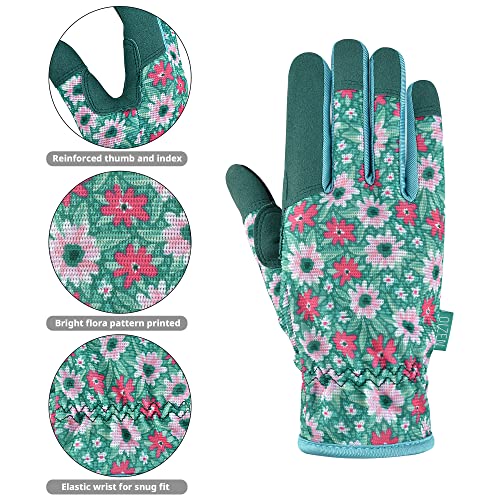 Gardening Gloves for Women and Men, Garden Gloves with Touch Screen, Thorn Proof Puncture Resistant Working Gloves, Gardening Gifts for Women, Size Medium - color: Green Flower, size: Medium