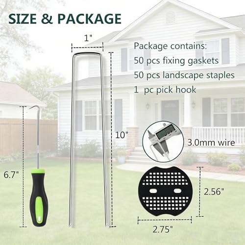 10 Inch 50 PCS Galvanized Landscape Staples with 50 PCS Gasket, Landscape Fabric Pins Stakes Lawn Ground Cover Graden Staples Spikes Weed Barrier Stakes - size: 10" 50 Pack