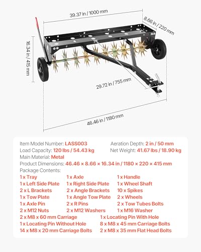 VEVOR Tow Behind Plug Aerator, 40 in Lawn Spike Aerator with Universal Hitch, 150lbs Weight Capacity, Heavy Duty & Rust-Resistant, Pull Behind Aeration Tool with Tray for Farmland & Garden Tractors - style: Spike Aerator (40in)