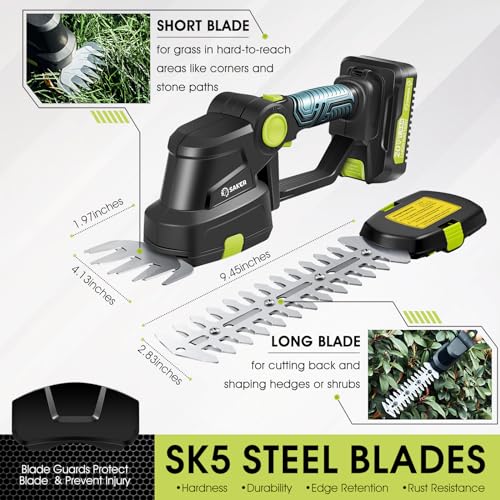 Saker 20V Cordless Hedge Trimmer,2 in 1 Bush Trimmer with 2 Battery - color: GREEN HEDGE TRIMMER+2 BATTERIES