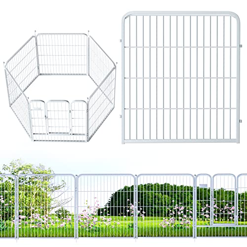 White Outdoor Garden Fence 5 Panels with 1 Gate,32in (H) x 14ft (L) for Dogs Outside,Metal Wire Fencing Border Animal Barrier,Flower Edging for Yard Landscape Patio Decor, Square - color: White, size: 6 PCS 32in (H) x 14ft (L)