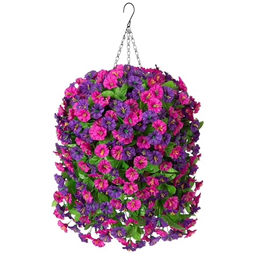 Artificial Flowers with Hanging Basket, Outdoor Faux Plants UV Resistant - color: Purple Red Violet