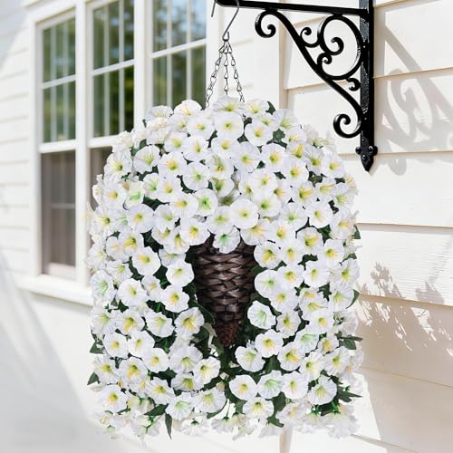 HyeFlora Artificial Faux Hanging White Flowers Plants Basket for Outdoor Outside Decor, 4 PCS Fake UV Resistant Realistic Morning Glory Flowers for Porch Home Balcony Yard Patio Decoration - color: White Morning Glory