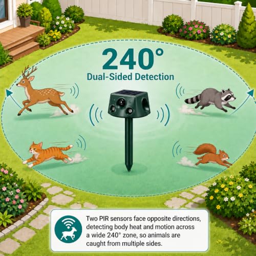2026 Upgraded Solar Animal Repeller Outdoor, 240° Dual-Sided Ultrasonic Cat Deterrent, Motion Activated Deer Raccoon Squirrel Dog Rabbit Skunk Repellent, IP66 Waterproof, USB-C + Solar