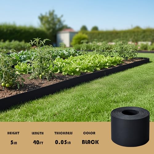Plastic Garden Landscape Edging, 40ft Long × 5in High, Flexible PP Black Lawn Edging for Garden Borders