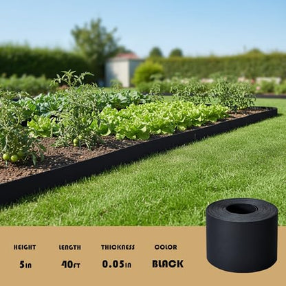 Plastic Garden Landscape Edging, 40ft Long × 5in High, Flexible PP Black Lawn Edging for Garden Borders