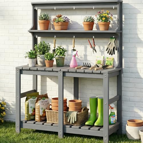 Outdoor Potting Bench with 3 Tier, All-Weather Patio Potting Table with Tool Hooks, HDPE Gardening Table for Backyard, Garden, Grey - color: Gray