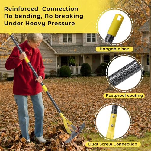 Thatch Rake,69 Inch Garden Thatching Rake for Grass Removal, 15 Inch Wide Heavy Duty 19 Teeth Steel Metal Garden Leaf Rakes,Landscaping Raking Garden Tools for Lawn Care Loosening Leveling Soil Mulch - style: Black-69"