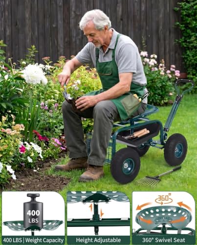 Garvee Heavy Duty Garden Work Seat, Garden Scooter Rolling Seat 360° Swivel - color: Green