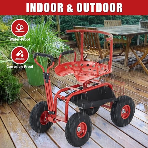 Rolling Garden Cart with Seat, Garden Workseat with 360-Degree Swivel - color: Red+backrest