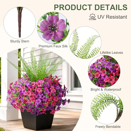 HyeFlora Artificial Faux Outdoor Flowers Plants for Spring Summer Decoration, 14 Bundles Fake Silk Colorful Daisy Ferns UV Resistant Realistic for Home Porch Patio Yard Window Box (Purple Fuchsia) - color: Purple Fuchsia