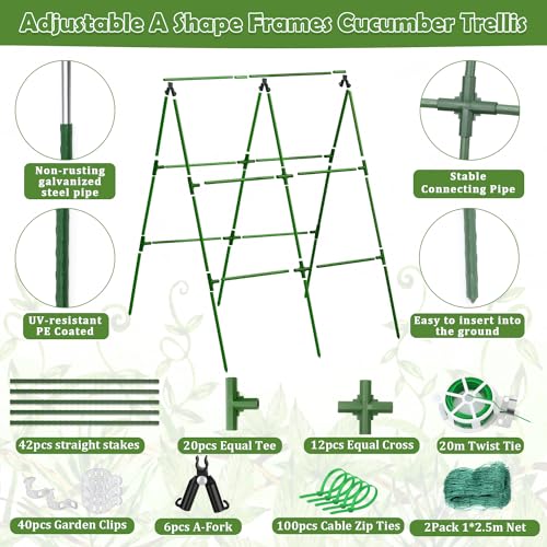 2 Packs Cucumber Trellis for Raised Beds, 31 X 47 Inch Adjustable Size A-Frame Garden Trellis for Climbing Plant Outdoors with Climbing Net and Plant Support Clip for Vegetable Grape Garden Supplies - size: 2pack 31 x 47 Inch