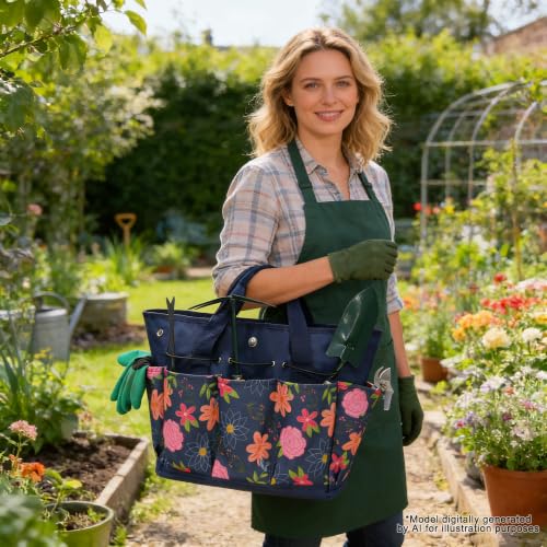 Waterproof Garden Tool Bag, 600D Oxford Portable Gardening Tote with Handle & Multi Pockets, Ideal Gifts for Parents Women (Blue, Tools Not Included) - color: Blue